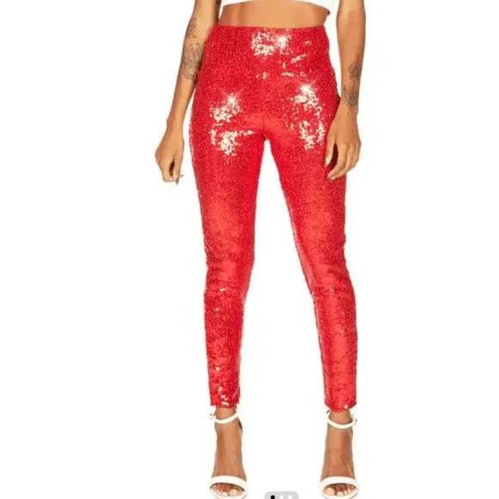 Tipsy Elves Red Sequin High Waisted Leggings Women's Size Medium
